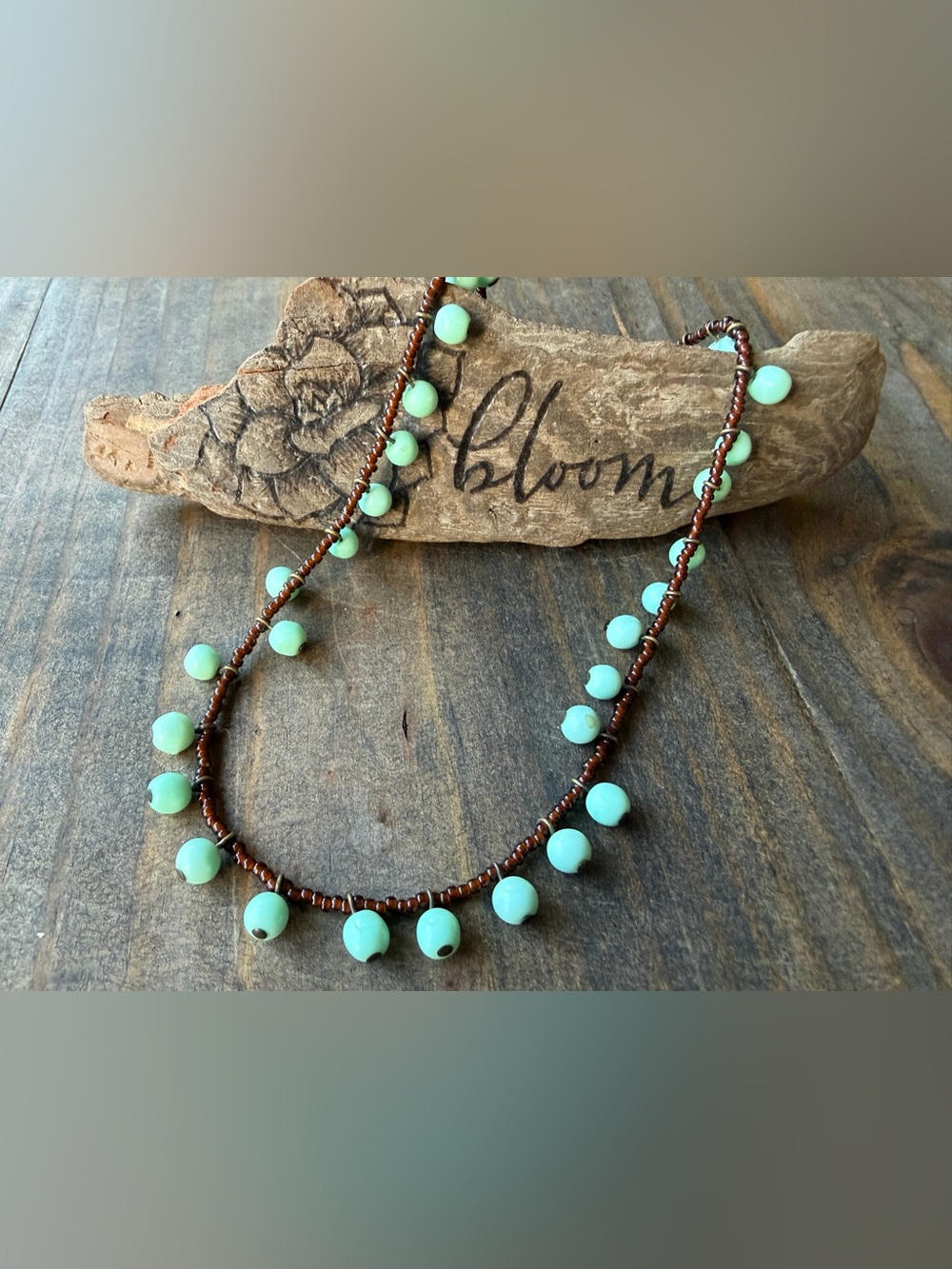 Blue Green Bead Fringe Necklace with Brown Accents